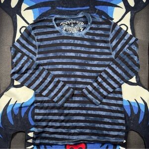 Y2K VTG Departed Blue and Black Striped Shirt Size M